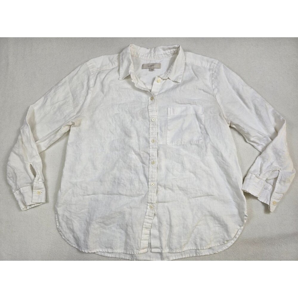 Loft Womens White 100% Linen Button-Up Shirt With Pocket Size L FLAWED